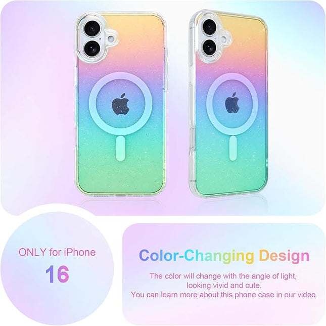 Glitter Case for iPhone 16 Case for Women Girls [ Compatible with Magsafe ] Clear Cute Girly Aesthetic Iridescent Rainbow Sparkly Bling Magnetic Phone Cover, Gradient Blue & Pink