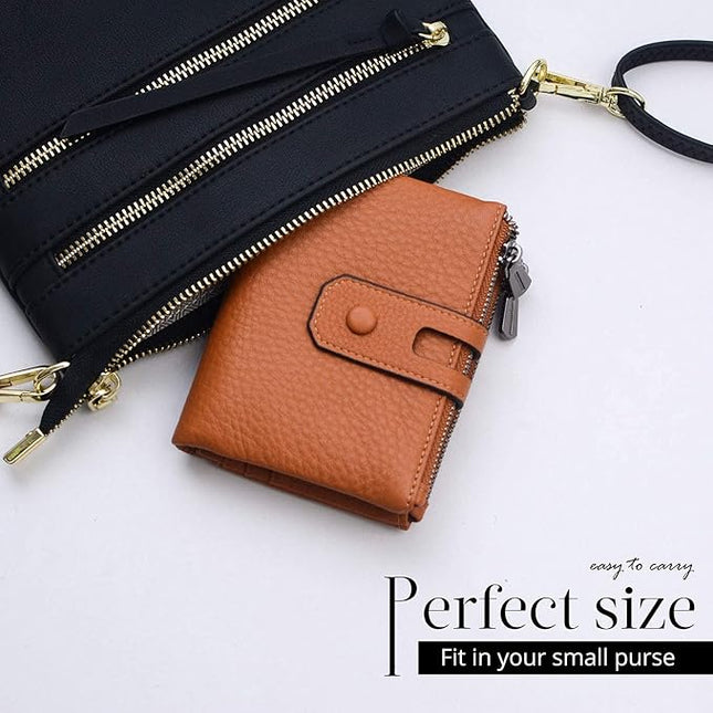 Bveyzi Small Soft Leather Wallet for Women RFID Blocking Ladies Card Holder with Double Zipper Pocket