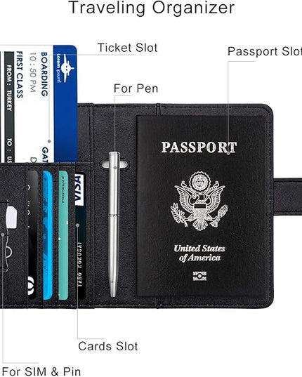 WALNEW Passport Holder for Travel, RFID Passport Cover Wallet for Women Men, PU Leather Passport Book Card Holder Case with Pen (Buckle Closure, Buckle-Carp)