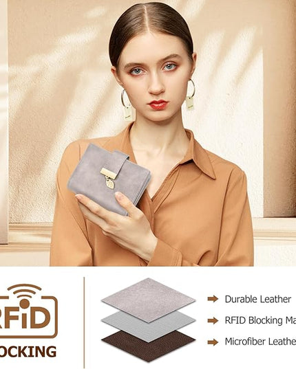 HUANLANG Small Wallets for Women Rfid Blocking Leather Bifold Credit Card Holder Ladies Wallet Zipper Pocket with ID Window