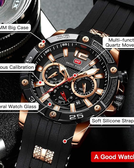 MF MINI FOCUS Men Watches Unique Casual Wrist Watches (Chronograph/Waterproof/Luminous/Calendar/24 Hours) Silicon Band Fashion Watches for Men
