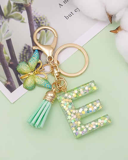 Fashion Alphabet Initial Letter Keychain Tassel Butterfly Pendant Key Ring for Purse Handbags Women Girl