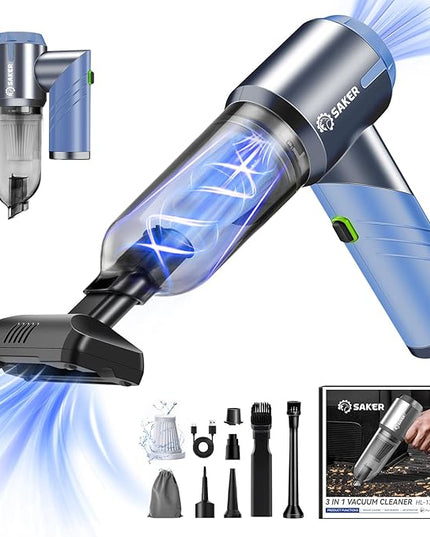 Saker Portable Car Vacuum Cleaner Cordless High Power 17000PA 3 in 1 Foldable Handheld Vacuum Cordless with Brushless Motor for Inflation,Dust Blowing,Home Car Cleaning HL132 Blue