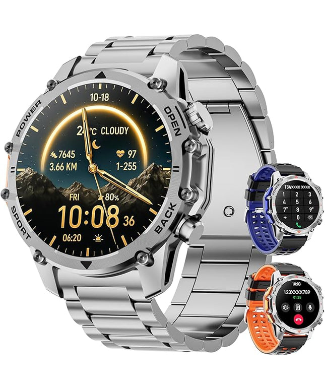 Hwagol Smart Watches for Men (Call/Notification),1.52'' Military Smart Watch, Two Style Kits,Flashlight,100+Sport Modes/Heart Rate/Sleep Monitor/Pedometer (Silver)