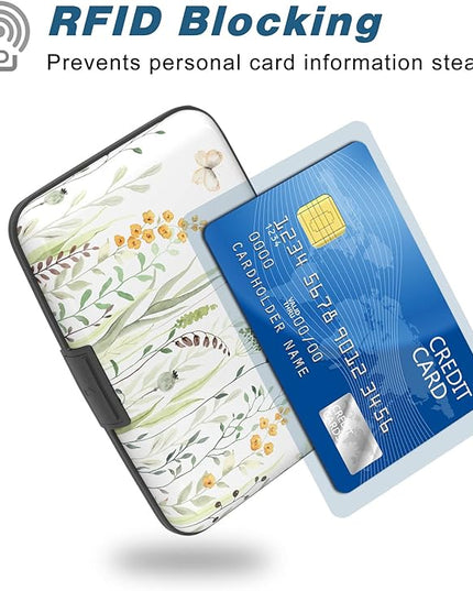 Atufsuat Credit Card Holder, Mini Aluminum Card Wallet RFID Blocking Slim Metal Hard Card Case for Women Men, Butterfly Flowers