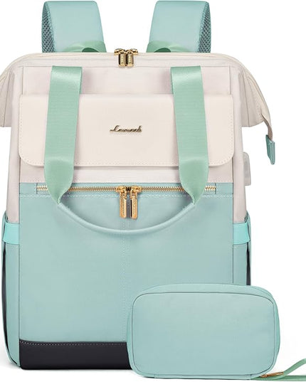 LOVEVOOK Laptop Backpack for Women, 15.6 Inch Work Laptop Bag with USB Port, Fashion Teacher Nurse Backpack Purse, Waterproof Travel Computer Backpack with Organizer Bag, 2PCS, Beige-Mint Green