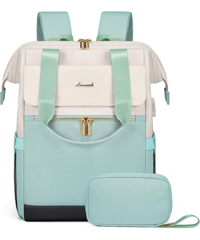 LOVEVOOK Laptop Backpack for Women, 15.6 Inch Work Laptop Bag with USB Port, Fashion Teacher Nurse Backpack Purse, Waterproof Travel Computer Backpack with Organizer Bag, 2PCS, Beige-Mint Green