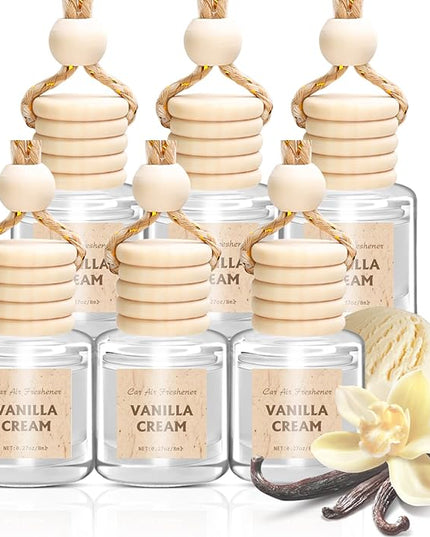 AROIC Hanging Car Air Freshener, 6 Pack Vanilla Cream Long Lasting & Refillable Air Freshener, Natural Plant Essential Oil Fragrance Aromatherapy Diffuser, Car Accessories Interior Set for Women & Men