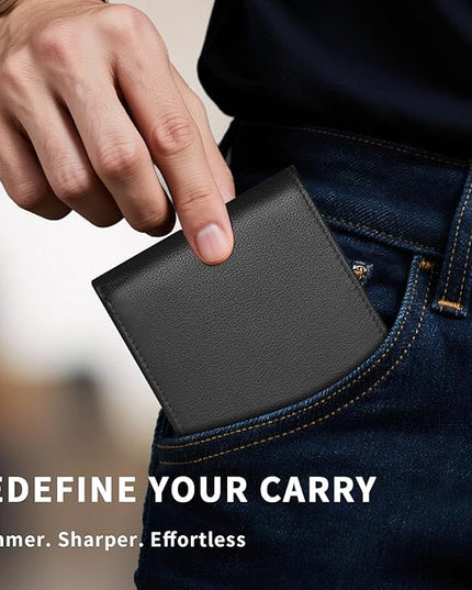 LATKWO Mens Wallet - Genuine Leather Bifold RFID Blocking Slim Front Pocket Large Capacity with 10 Card Slots, 2 ID Windows & 2 Cash Pockets - Heavy Duty Stitched Gift for Men (Black)