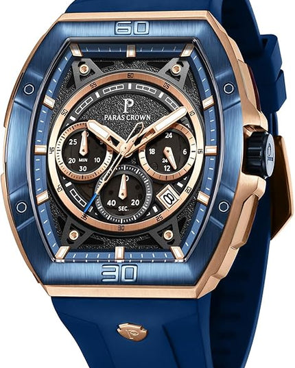 Paras Crown Watches for Men Tonneau 5ATM Waterproof Quartz Luxury Chronograph Analog Men's Wrist Watches Stainless Steel Case Mens Watches