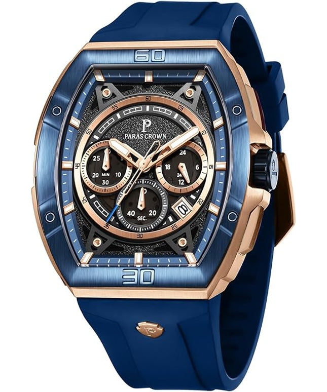 Paras Crown Watches for Men Tonneau 5ATM Waterproof Quartz Luxury Chronograph Analog Men's Wrist Watches Stainless Steel Case Mens Watches