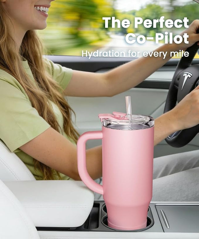 Renoj Tumbler with Handle 100% Leak Proof Insulated Water Bottle for Iced Coffee & Hot Drinks - Fits Car Cup Holder, Ideal Gift, 2 Straws & Silicone Boot BPA-Free - SnapShift Pink 40 oz