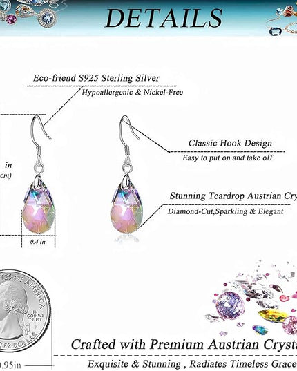 Teardrop Austrian Crystal Drop Dangle Earrings for Women 925 Sterling Silver Hook Hypoallergenic Jewelry