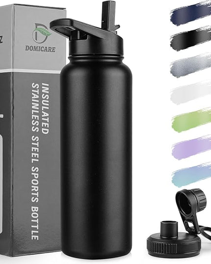 DOMICARE 40 oz Insulated Water Bottle, Vacuum Insulated Stainless Steel Sports Water Bottle with Straw Lid & Spout Lid, Leakproof, Reusable - Travel, Camping, Bike, Black