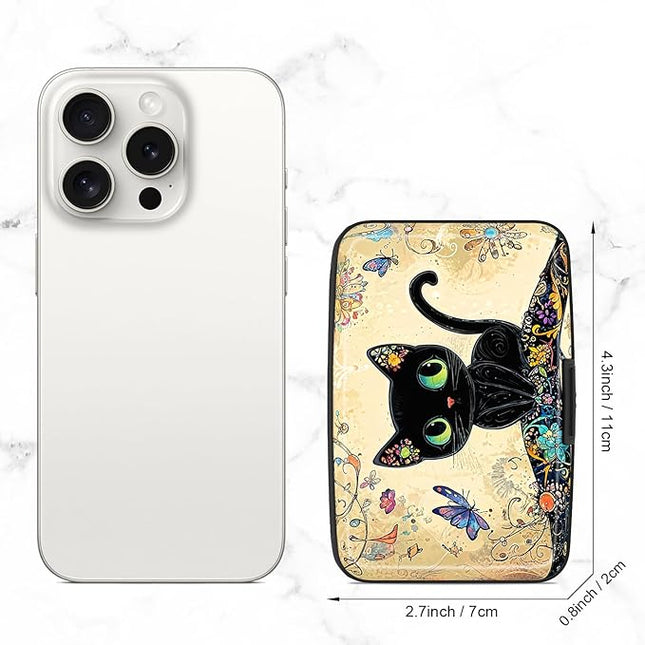Atufsuat Credit Card Holder, Mini Aluminum Card Wallet RFID Blocking Slim Metal Hard Card Case for Women Men, Cat on Branch