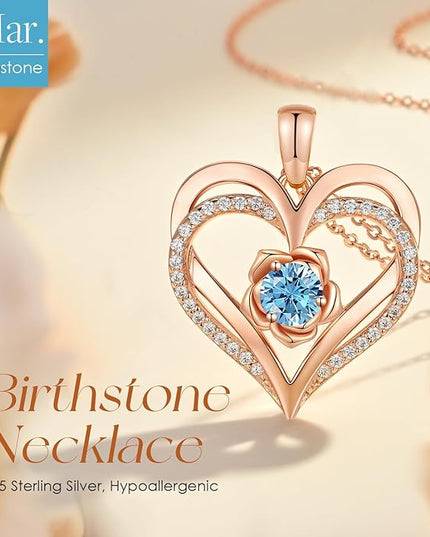 CDE Christmas Gifts for Women S925 Silver Rose Gold Heart Birthstone Necklaces for Women，Ideal Anniversary or Birthday Jewelry Gifts for Wife Girlfriend Her