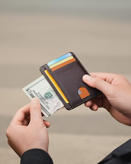 Buffway Slim Minimalist Front Pocket RFID Blocking Leather Wallets for Men and Women - Pebble Brown