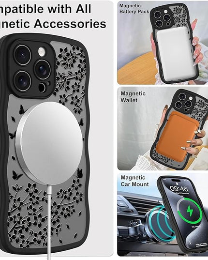 Wavy Case for iPhone 15 Pro Max Case with Stand [Compatible with MagSafe] Cute Black Cat & Floral & Butterflies Pattern Design, Kawaii 360 Magnetic Ring Kickstand Phone Cover for Women Girls