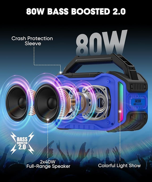 Speakers Bluetooth Wireless: 80W(Peak) Loud Speaker with Bass, 20H Playtime, IPX6 Waterproof, Large Jobsite Speakers for Work, Outdoor, Workshop, Garage, Portable Speaker with TWS (Blue)