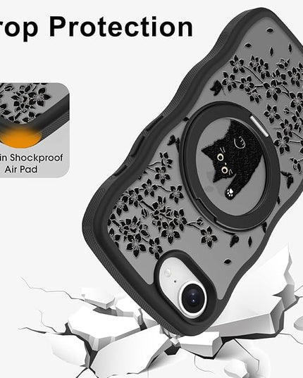 Wavy Case for iPhone 16e Case with Stand [Compatible with MagSafe] Cute Black Cat & Floral & Butterflies Pattern Design, Kawaii 360 Magnetic Ring Kickstand Phone Cover for Women Girls