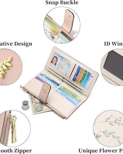 GAEKEAO Womens Wallet Slim Thin RFID Blocking Floral Vegan Leather Card Holder Bifold Long Ladies Wallet with Zipper Pocket