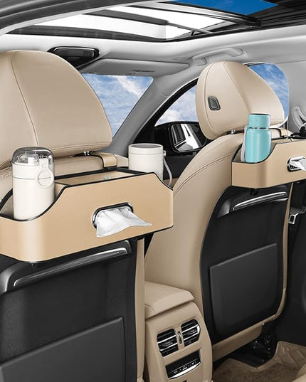 HOLDCY Car Back Seat Organizer with 2 Drink Cup Holder - Tissue Box and Storage Box Hook - Multi-functional Storage - Great for Kids and Travel (Beige)