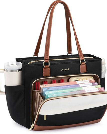 LOVEVOOK Teacher Tote Bag, Laptop Bag for Women with Large Cup Holder & Accordion File Area, Work Tote Bag for Business