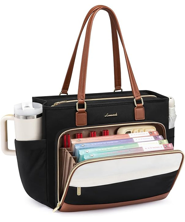 LOVEVOOK Teacher Tote Bag, Laptop Bag for Women with Large Cup Holder & Accordion File Area, Work Tote Bag for Business