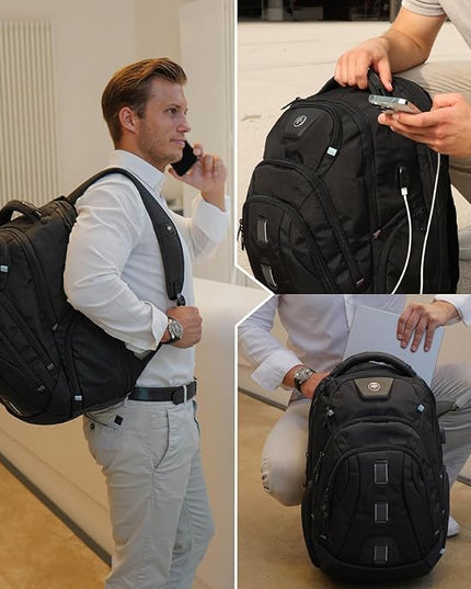 Swissdigital Design Men's Laptop Backpack, TSA Friendly USB Charging RFID Protection Backpack for College and Business, Fits 17" Laptops Black | SD1644FB-01