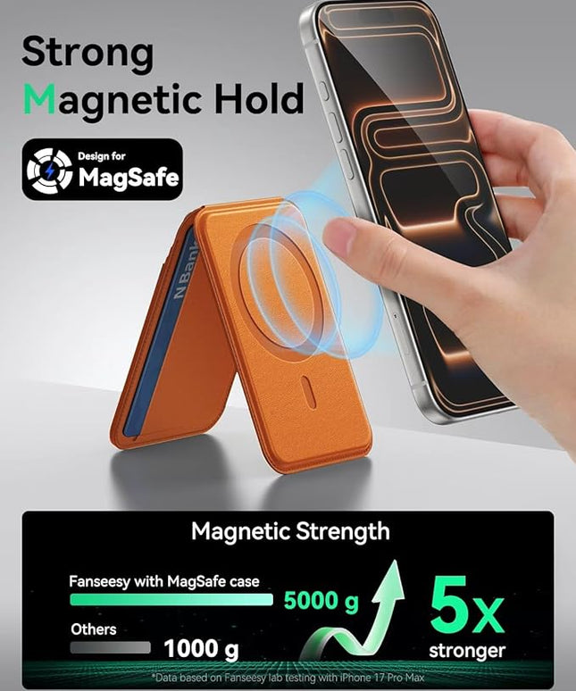 Fanseesy for MagSafe Wallet with Stand, 5 Card Holder, Slim Leather Magnetic Wallet for iPhone 17/16/15/14/13/12 Pro Max Plus Air Series, 3 Card Slots & 1 Cash Slot,Brown