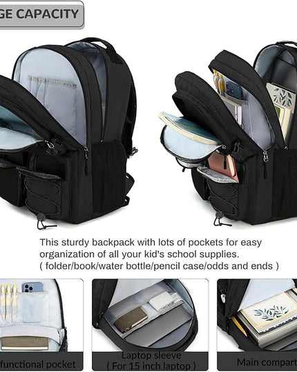 Lohol Water Resistant Daypack with Mulitiple Pockets for School Travel Outdoor College, 15.6 inch Laptop Backpack for Men and Women (Black)