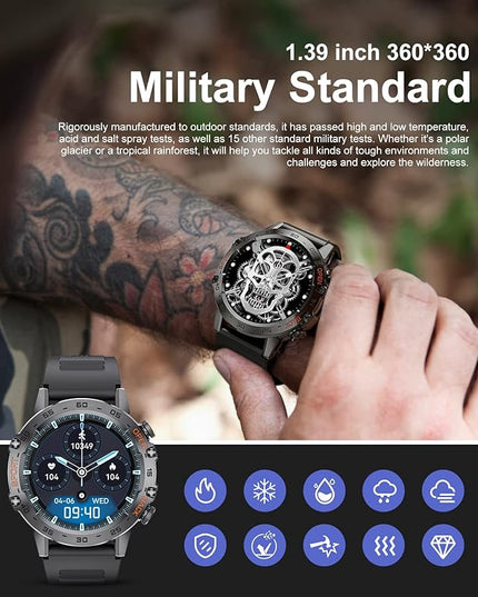 SUNKTA Smart Watch for Men Bluetooth Calls with,1.39''HD Touch Screen Tactical Smartwatch for Android and iPhone,5ATM Waterproof Fitness Watch with Blood Pressure/Heart Rate Monitor BlackSilicone
