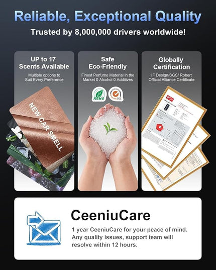 Ceeniu Smart Car Air Fresheners, New smell experience by Ultrasonic mist, Auto On/Off, Powerful Built-in Battery, Long lasting natural fragrance, Adjustable car freshener, Bamboo scent