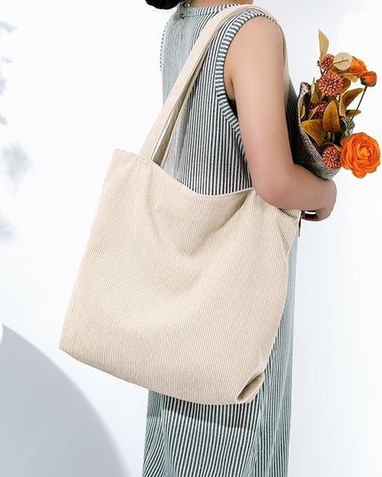 Iioscre Corduroy Tote Bag for Women,Hobo HandBags with Zipper,Large Capacity Casual Shoulder Handbags with Inner Pockets