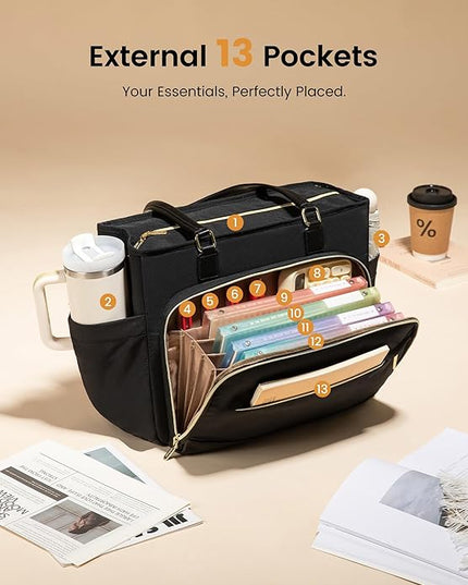 LOVEVOOK Teacher Tote Bag, Laptop Bag for Women with Large Cup Holder & Accordion File Area, Work Tote Bag for Business