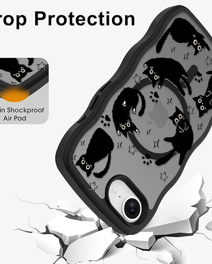 Cute Case for iPhone 16e Case [Compatible with MagSafe] with Kawaii Black Cats Cat Print Pattern Design for Women Girls, Soft Wavy Edge Anti-Slip Animal Magnetic Protective Phone Cover