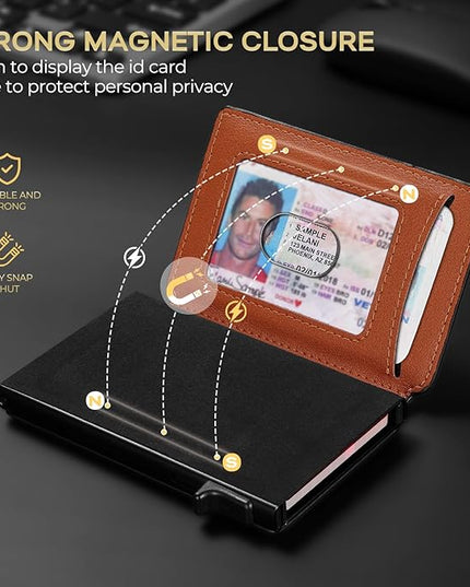 RUNBOX Slim Card Wallet for Men with ID Window – Minimalist RFID Wallet, Pop-Up Function, Ultra Thin Design, Metal Business Card Case Holds 8+ Cards, Gifts for Men, Men's Accessories