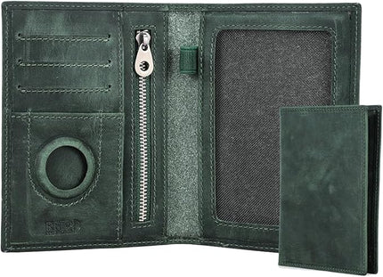 CONTACTS Full Grain Leather Passport Holder RFID Blocking Travel Passport Wallet with Compatible Airtag Passport Cover Case with 4 Cards Slots, Coin Pocket (Green)