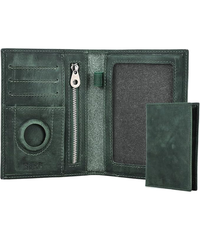 CONTACTS Full Grain Leather Passport Holder RFID Blocking Travel Passport Wallet with Compatible Airtag Passport Cover Case with 4 Cards Slots, Coin Pocket (Green)