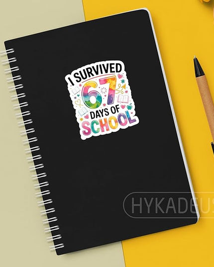 (3Pcs) I Survived 67 Days of School Funny Six Seven 67 Meme Sticker Teacher Student Humor Vinyl Decals Waterproof Sticker for Laptop, Water Bottle, Planner, Scrapbooking, 3" x 2.5"