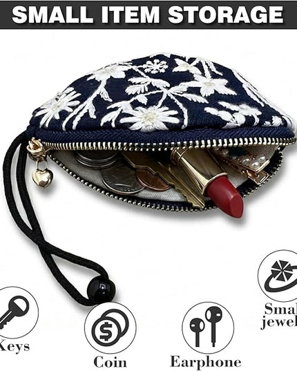 Embroidered Small Coin Purse for Women Girl,Vintage Cute Wallet Zipper Pouch,Handmade Aesthetic Oval Change Purse for Coins,Air-Tag,Small Jewelry Key with Pull-Out Key Ring
