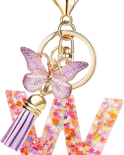 Fashion Alphabet Initial Letter Keychain Tassel Butterfly Pendant Key Ring for Purse Handbags Women Girl