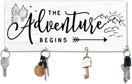 Yhtmbf The Adventure Begins Wooden Key Holder for Wall - 5"x10" Key Organizer Hanger with 4 Hooks for Home Front Door Hallway Entryway Kitchen - Home Office Decor & Housewarming Gifts Supplies - A02