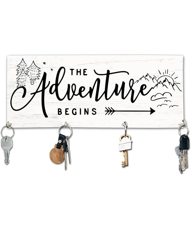 Yhtmbf The Adventure Begins Wooden Key Holder for Wall - 5"x10" Key Organizer Hanger with 4 Hooks for Home Front Door Hallway Entryway Kitchen - Home Office Decor & Housewarming Gifts Supplies - A02