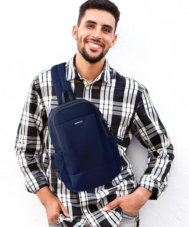 ECOHUB Anti-Theft Crossbody Bag Men Women, RFID Blocking Lightweight Sling Backpack Eco-Friendly with 9 Pockets Sturdy SBS Zippers Water Resistant for Travel Work Hiking Outdoor, Blue