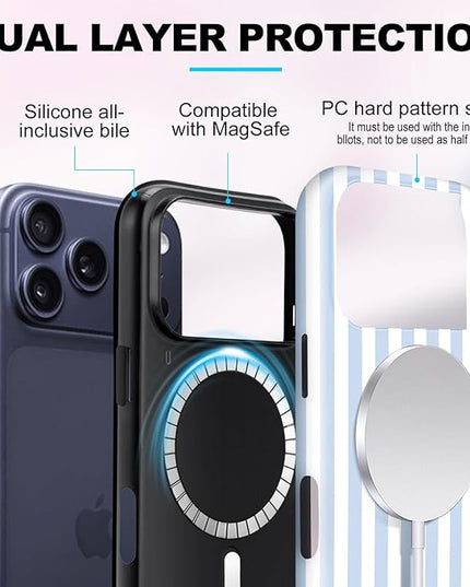 Magnetic for iPhone 17 Pro Case Cute Stripes Phone Case, Shockproof Slim TPU and Hard PC Protective Phone Cover Compatible with MagSafe Designed for Women Girls, Blue and White