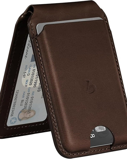 Belemay Strong Magnetic Wallet for MagSafe with Adjustable Stand, Full-Grain Leather Card Holder, Up to 5 Cards, RFID Blocking, Slim for iPhone 17/16/15/14/13/12 Series Men & Women - Bourbon Brown
