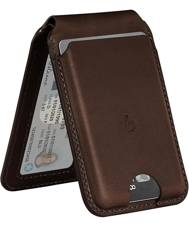 Belemay Strong Magnetic Wallet for MagSafe with Adjustable Stand, Full-Grain Leather Card Holder, Up to 5 Cards, RFID Blocking, Slim for iPhone 17/16/15/14/13/12 Series Men & Women - Bourbon Brown