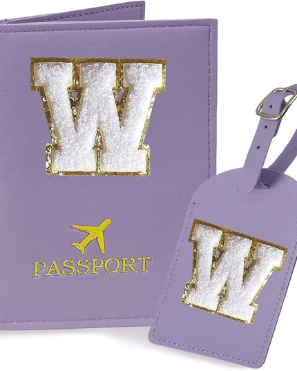 COSHAYSOO Purple Passport Cover and Initial Luggage Tag Set TSA Approved with Preppy Chenille Letter Patch for Women Girl Friends, Trendy Travel Bag Backpack Suitcase Identifier Must-Have Gifts (W)