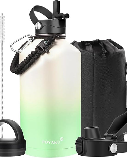 Water Bottle Insulated 32oz 40oz 64oz 128oz Straw Lid Spout Lid & 3 Lids, Leak Proof, Vacuum Insulated,Stainless Steel Water Bottle Wide Mouth for Sports, Gym or Office